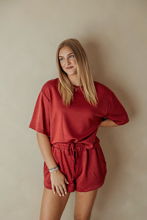 Dark Red Loose Fit Crew Neck Short Sleeve Top