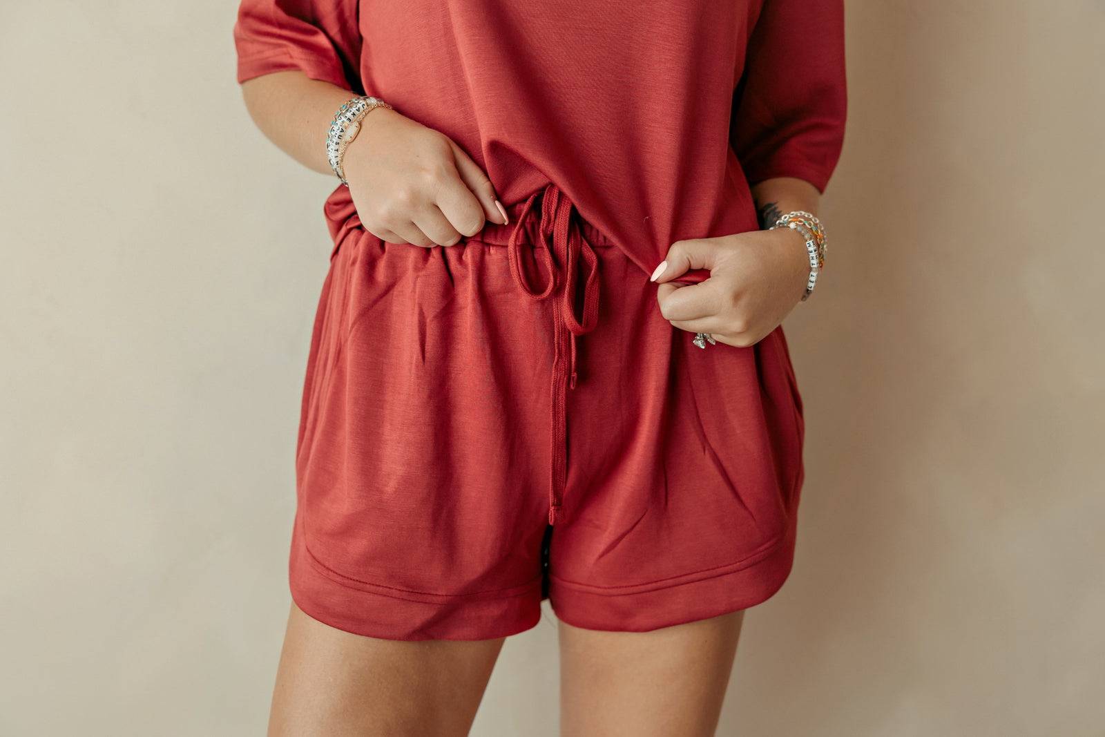 Dark Red Elastic Waistband Shorts