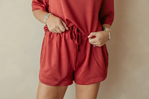 Dark Red Elastic Waistband Shorts