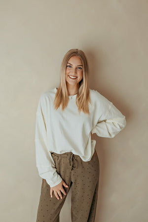 Cream Mineral Wash Oversized Raw Edge Crew Top