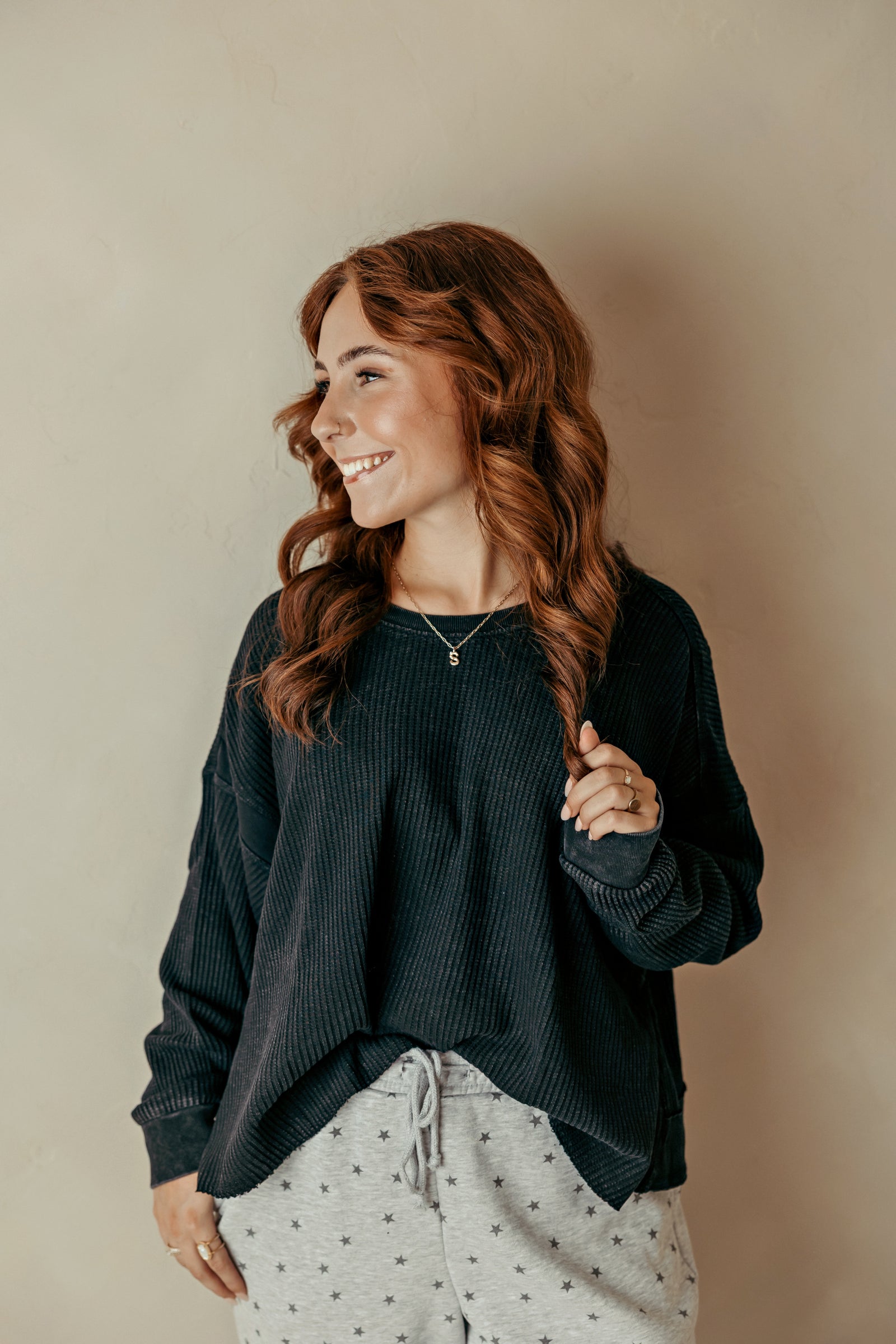 Black Mineral Wash Waffle Open Back Top