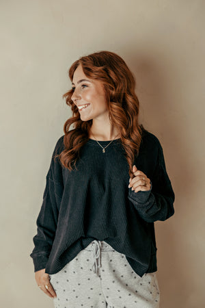 Black Mineral Wash Waffle Open Back Top