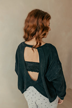 Black Mineral Wash Waffle Open Back Top
