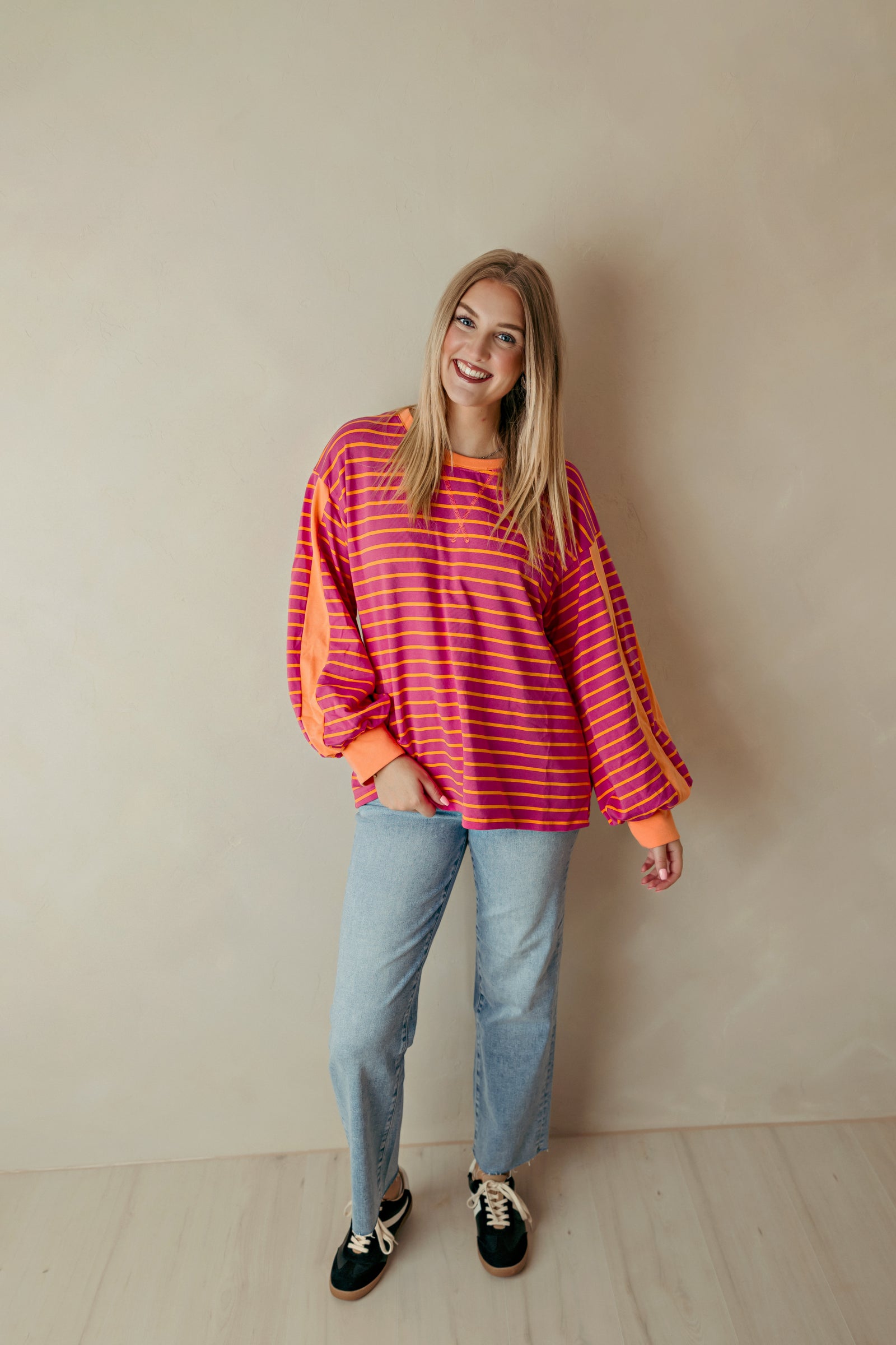 Fuchsia Contrast Accent Stripe Casual Top