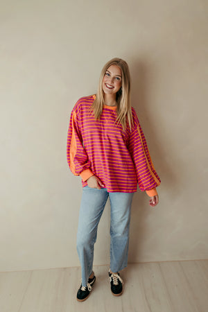 Fuchsia Contrast Accent Stripe Casual Top