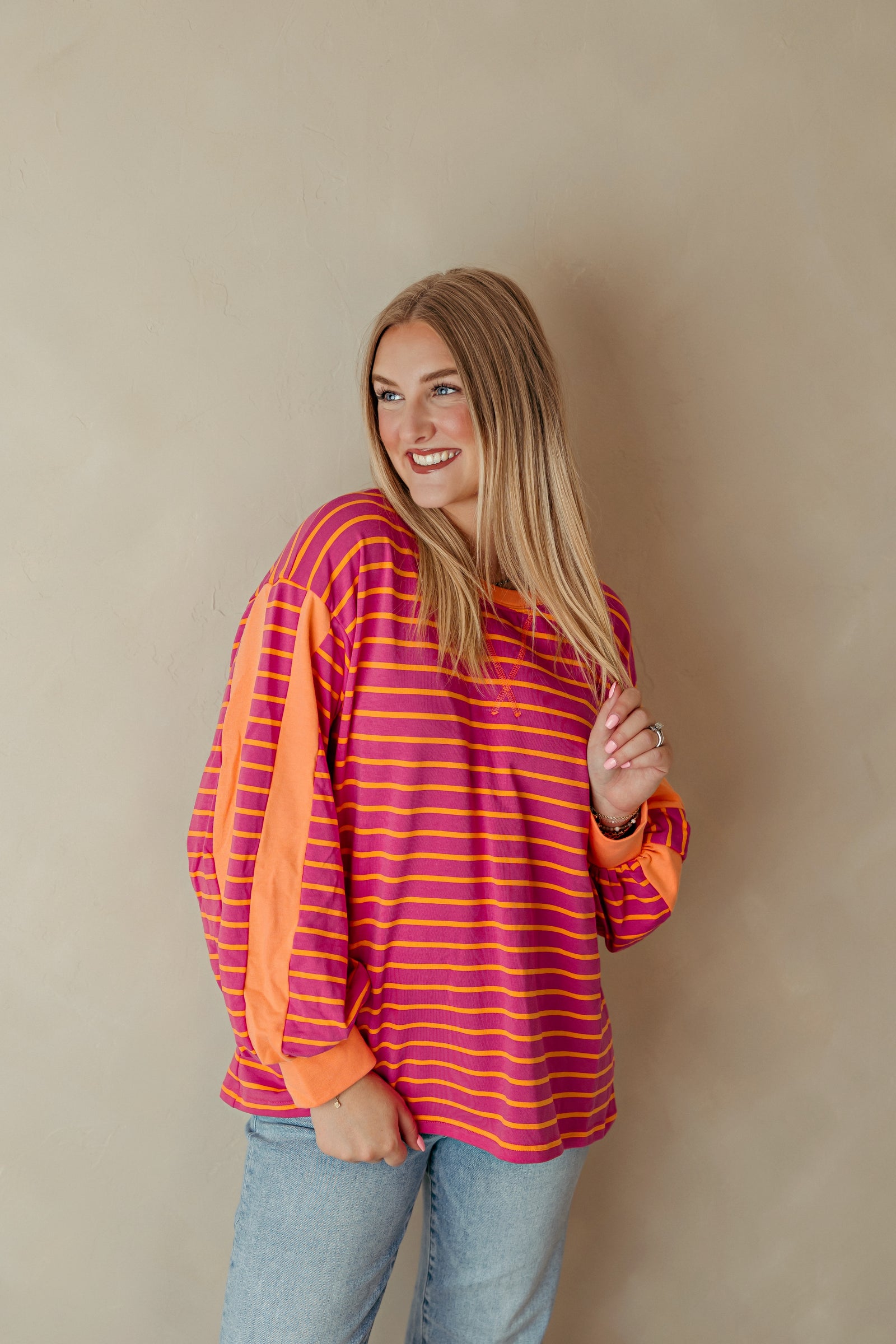 Fuchsia Contrast Accent Stripe Casual Top