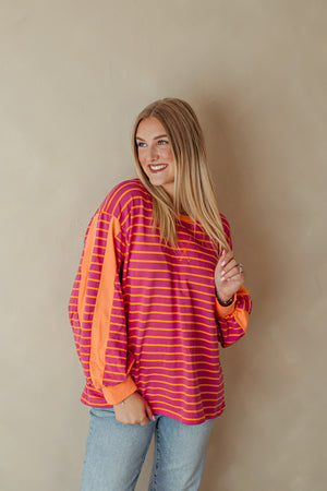 Fuchsia Contrast Accent Stripe Casual Top