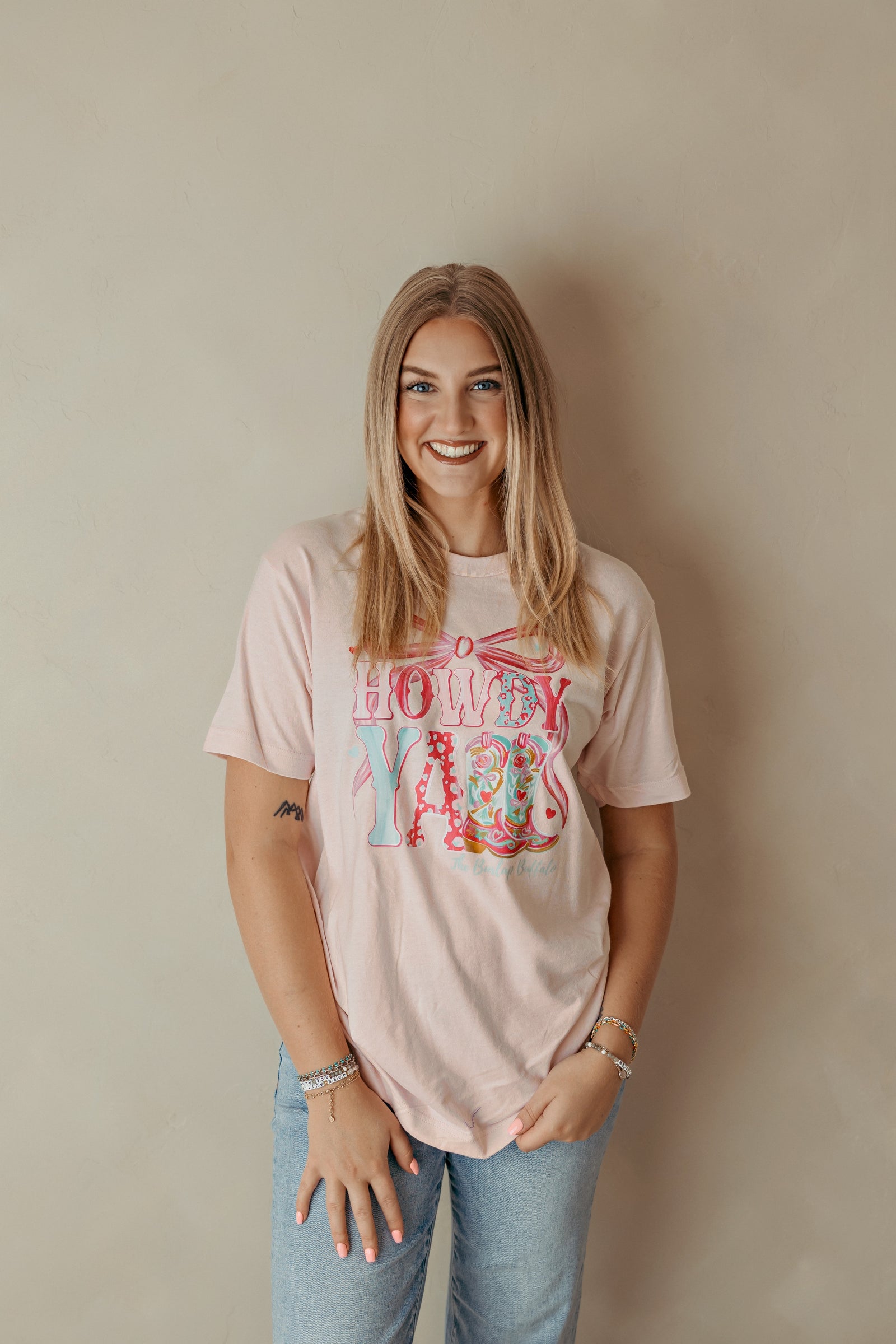 Howdy Yall Pink Bow Graphic Tee Pink