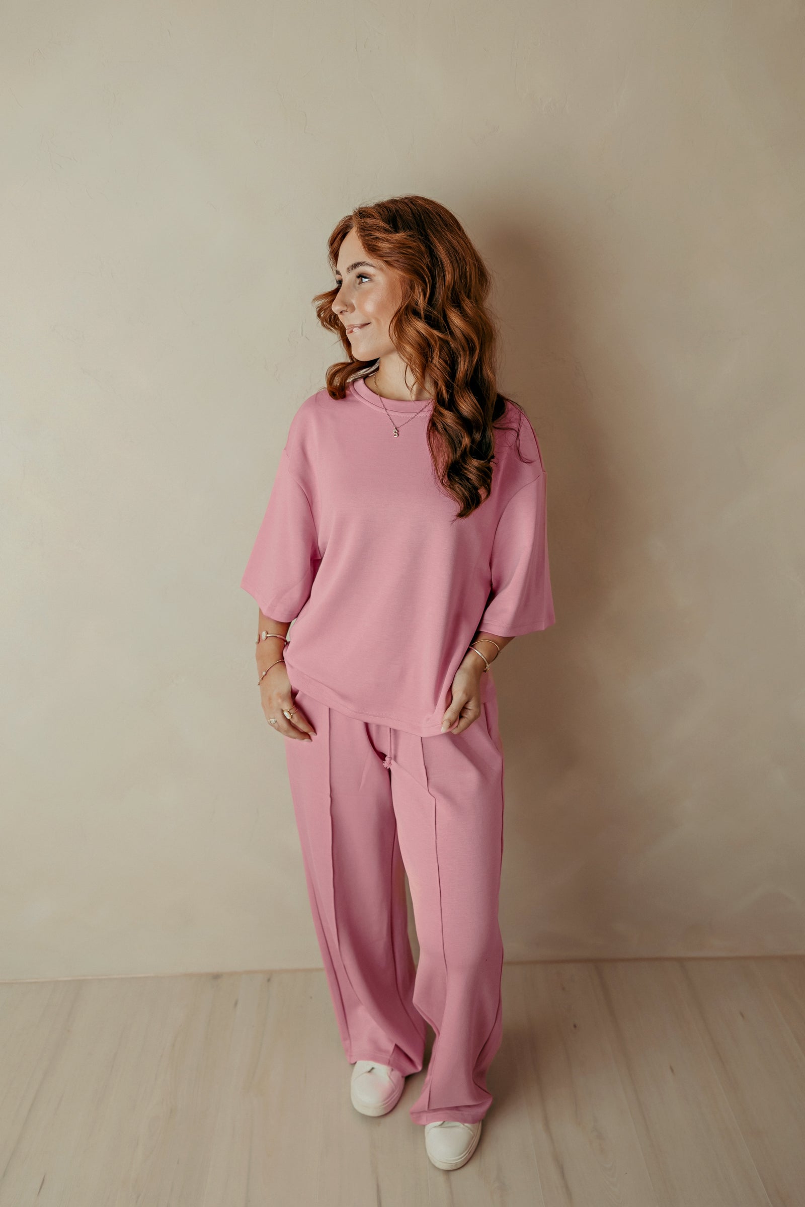 Pink Drawstring Waist Pintuck Wide Leg Pant