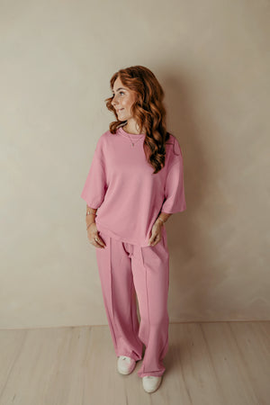 Pink Drawstring Waist Pintuck Wide Leg Pant
