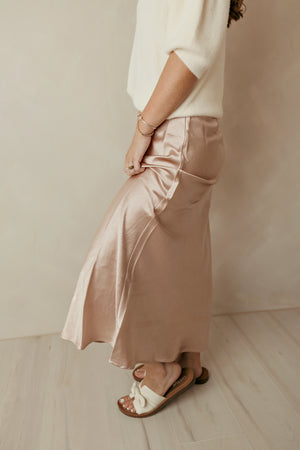 Dark Taupe Satin Midi Skirt