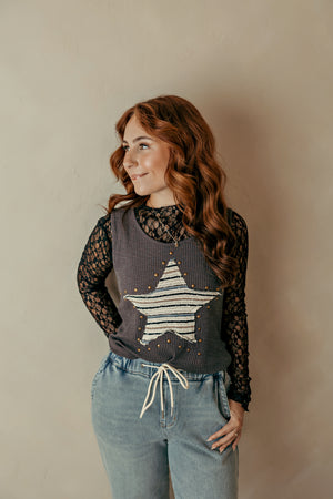 Black Lace Mock Neck Long Sleeve Top