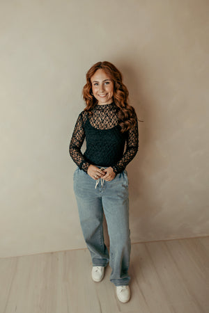 Black Lace Mock Neck Long Sleeve Top