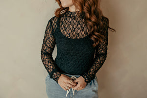Black Lace Mock Neck Long Sleeve Top