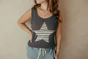 Round Neck Slim Fit Sleeveless Top Star Accent Charcoal