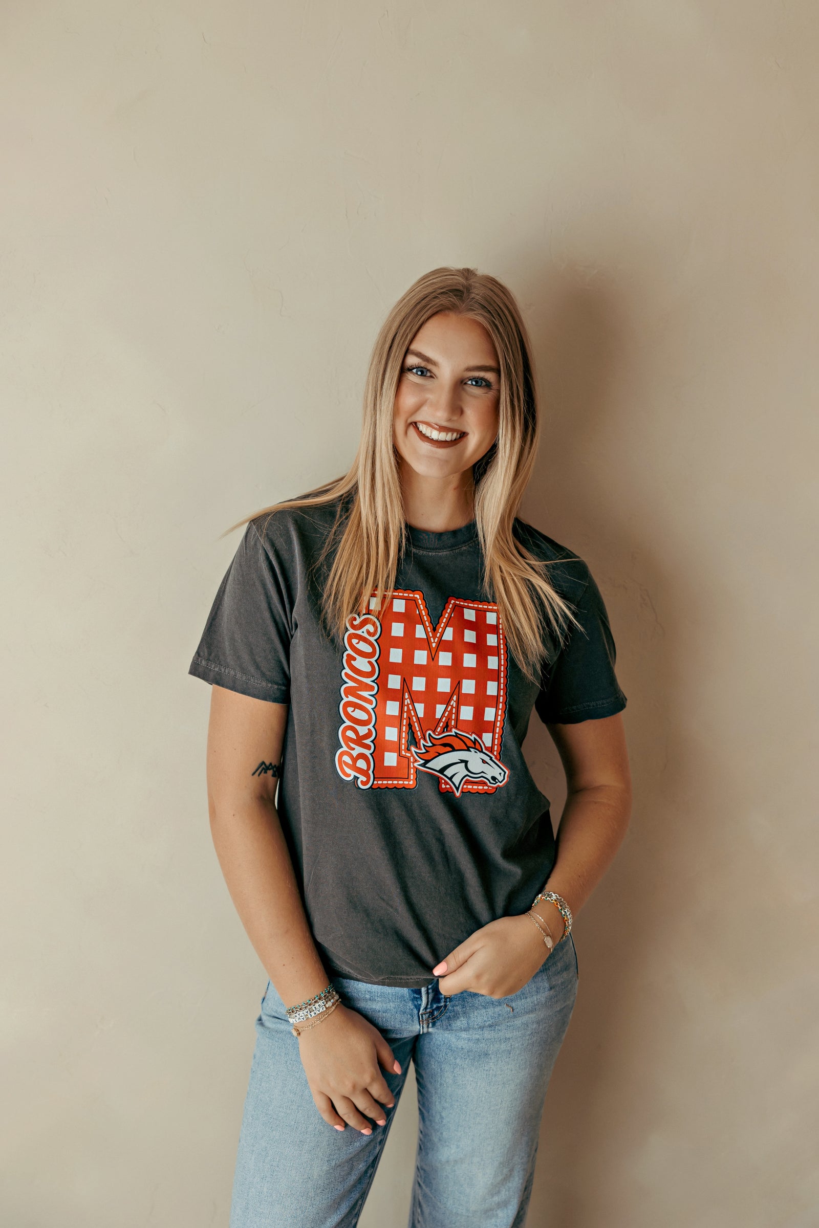 Adult Plaid Mustang Broncos Graphic Tee