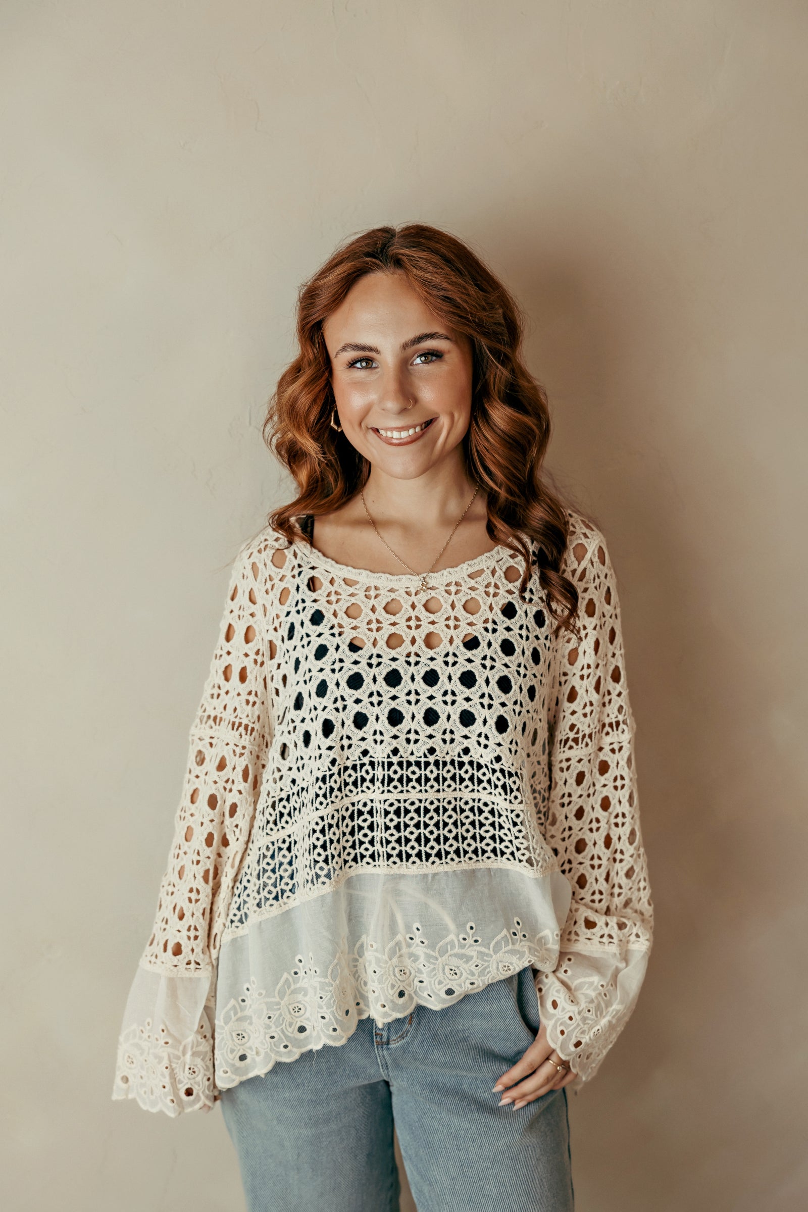 Crochet Flowy Top Eyelet Contrast Scalloped Edge