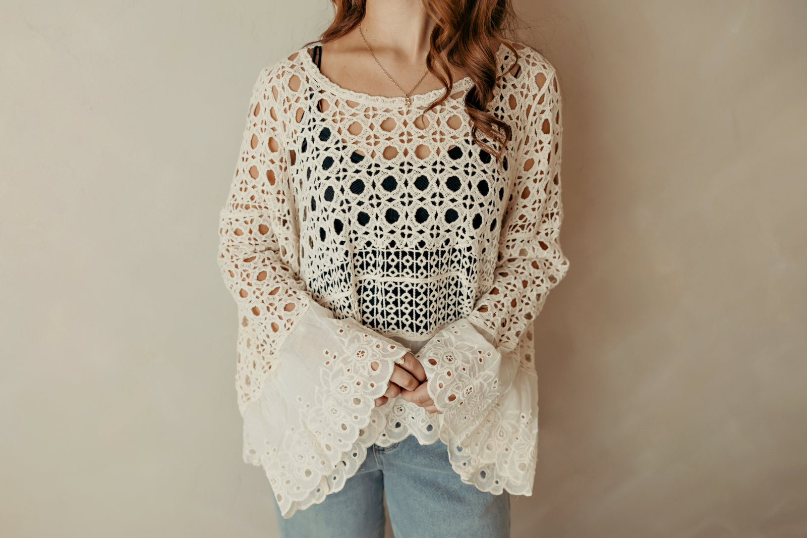 Crochet Flowy Top Eyelet Contrast Scalloped Edge