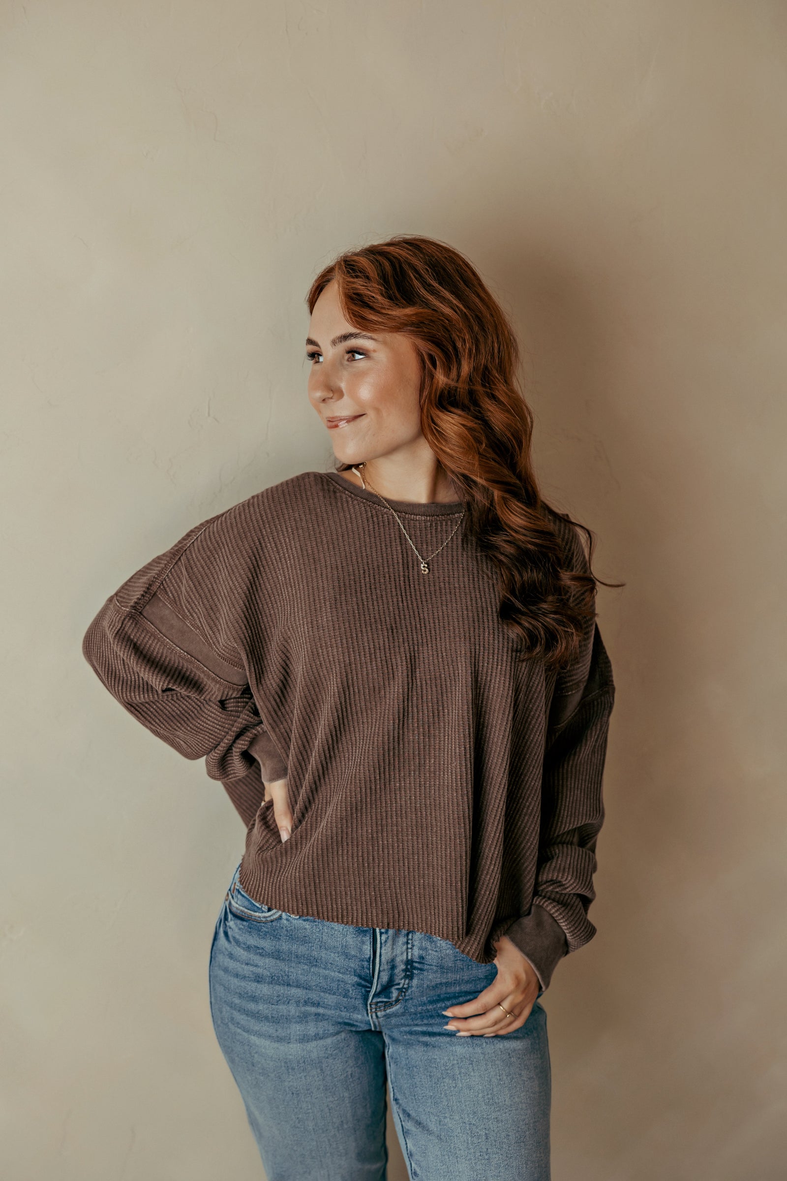 Dark Brown Mineral Wash Waffle Open Back Top