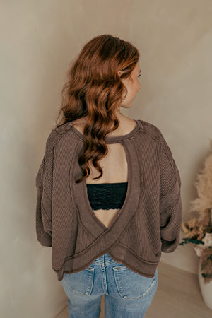 Dark Brown Mineral Wash Waffle Open Back Top