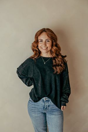 Black Mineral Wash Oversized Raw Edge Crew Top