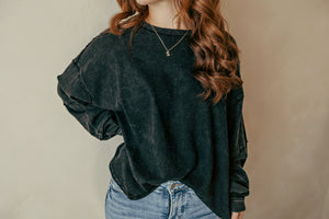 Black Mineral Wash Oversized Raw Edge Crew Top