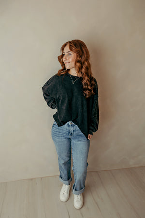 Black Mineral Wash Oversized Raw Edge Crew Top