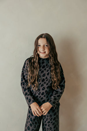 Girl's Knitted Sweater Dark Grey Leopard