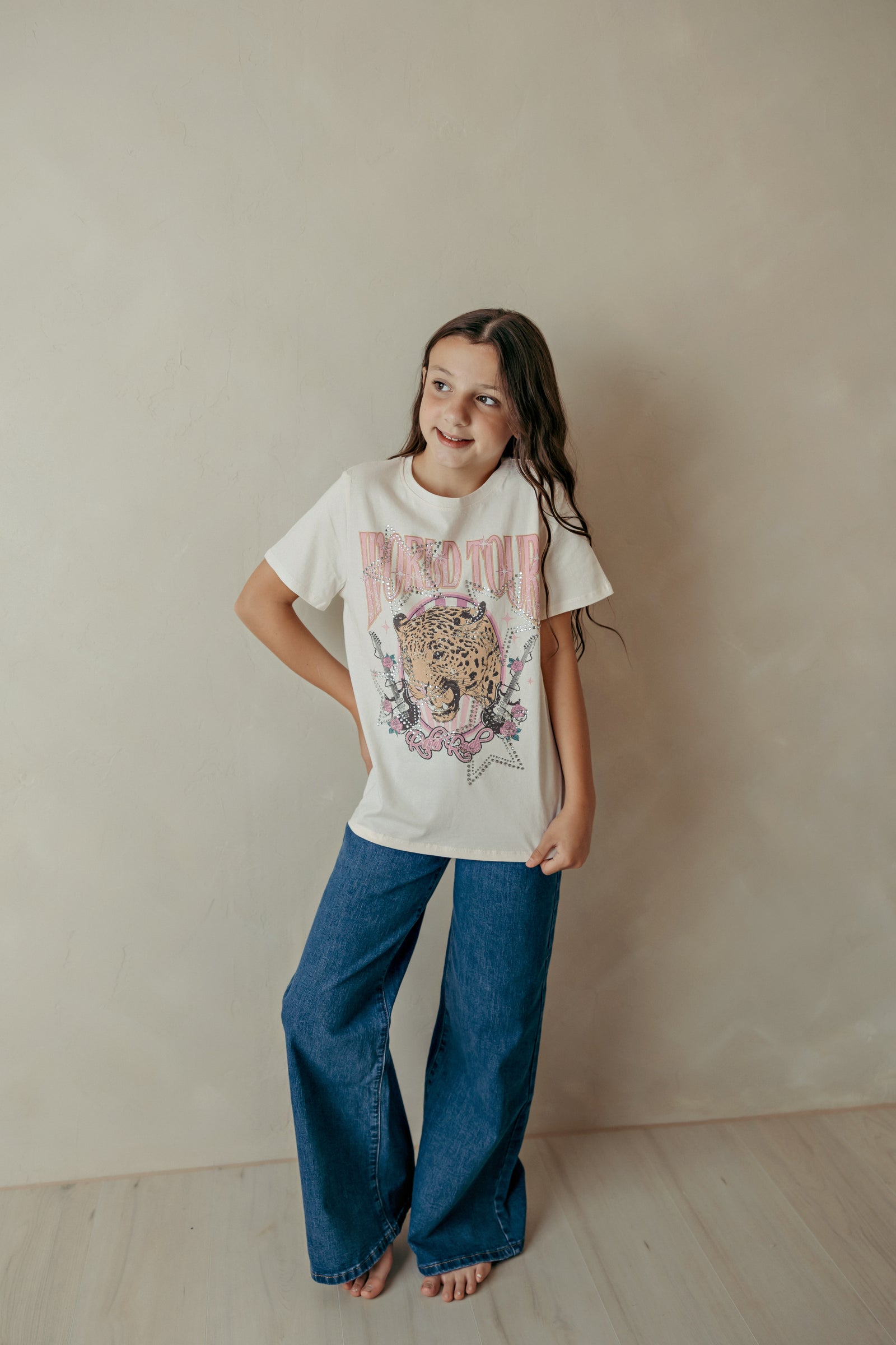 World Tour Leopard Rhinestones Graphic Tee Cream