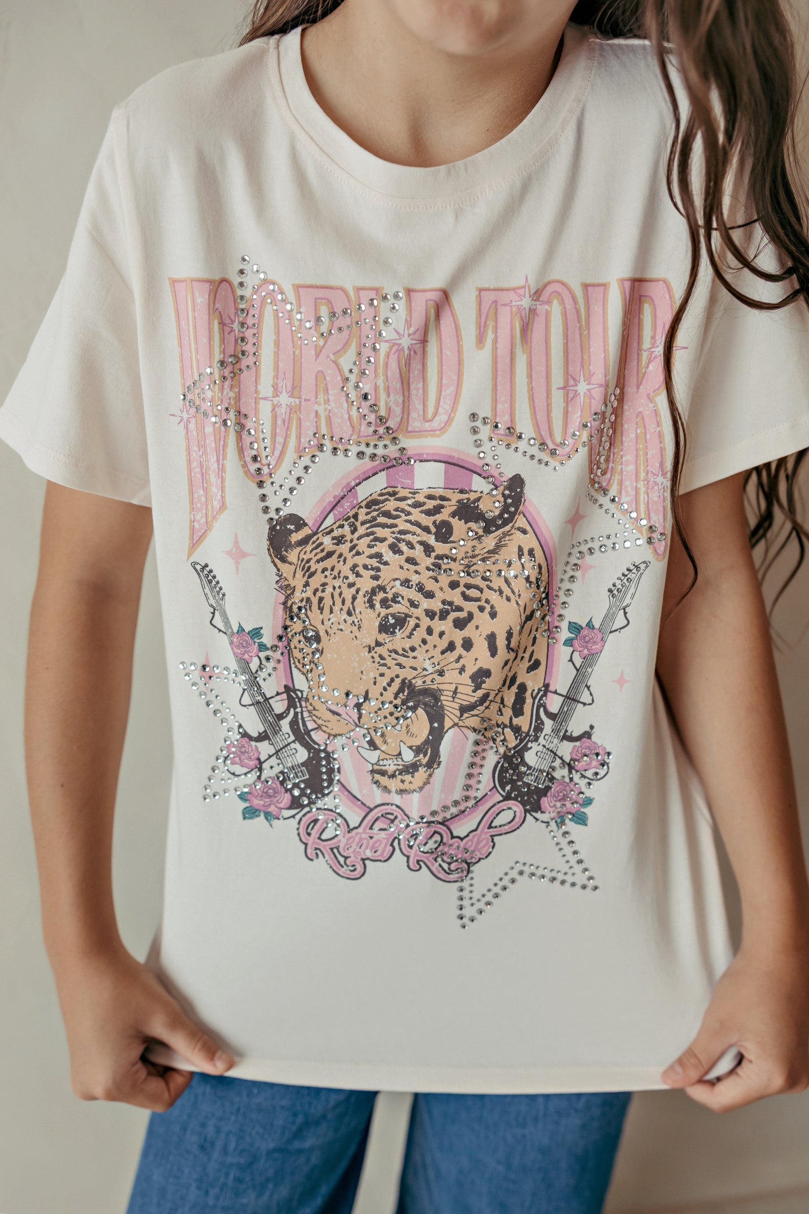 World Tour Leopard Rhinestones Graphic Tee Cream