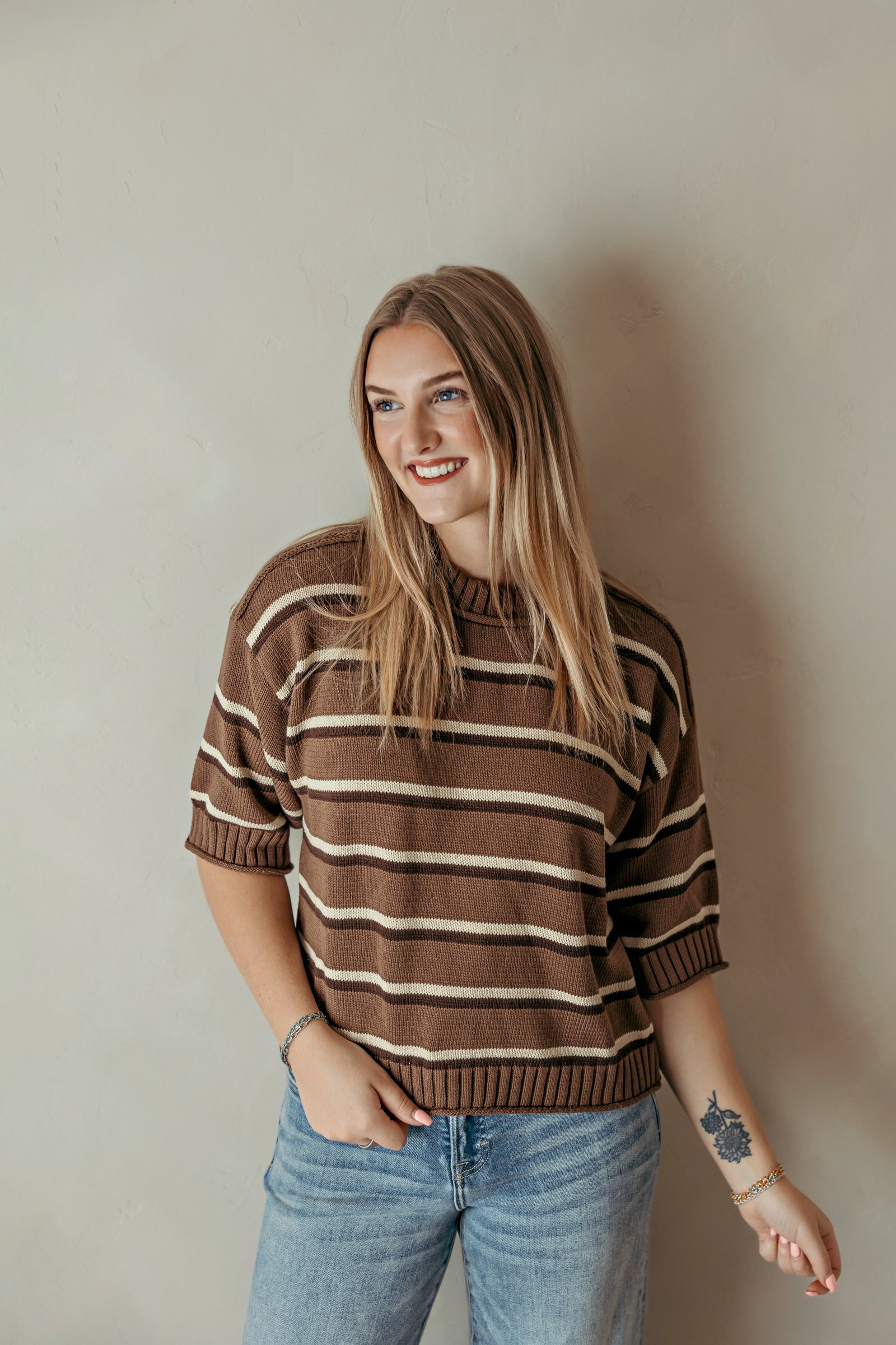 Brown Striped Rolled Edge Sweater