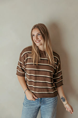 Brown Striped Rolled Edge Sweater