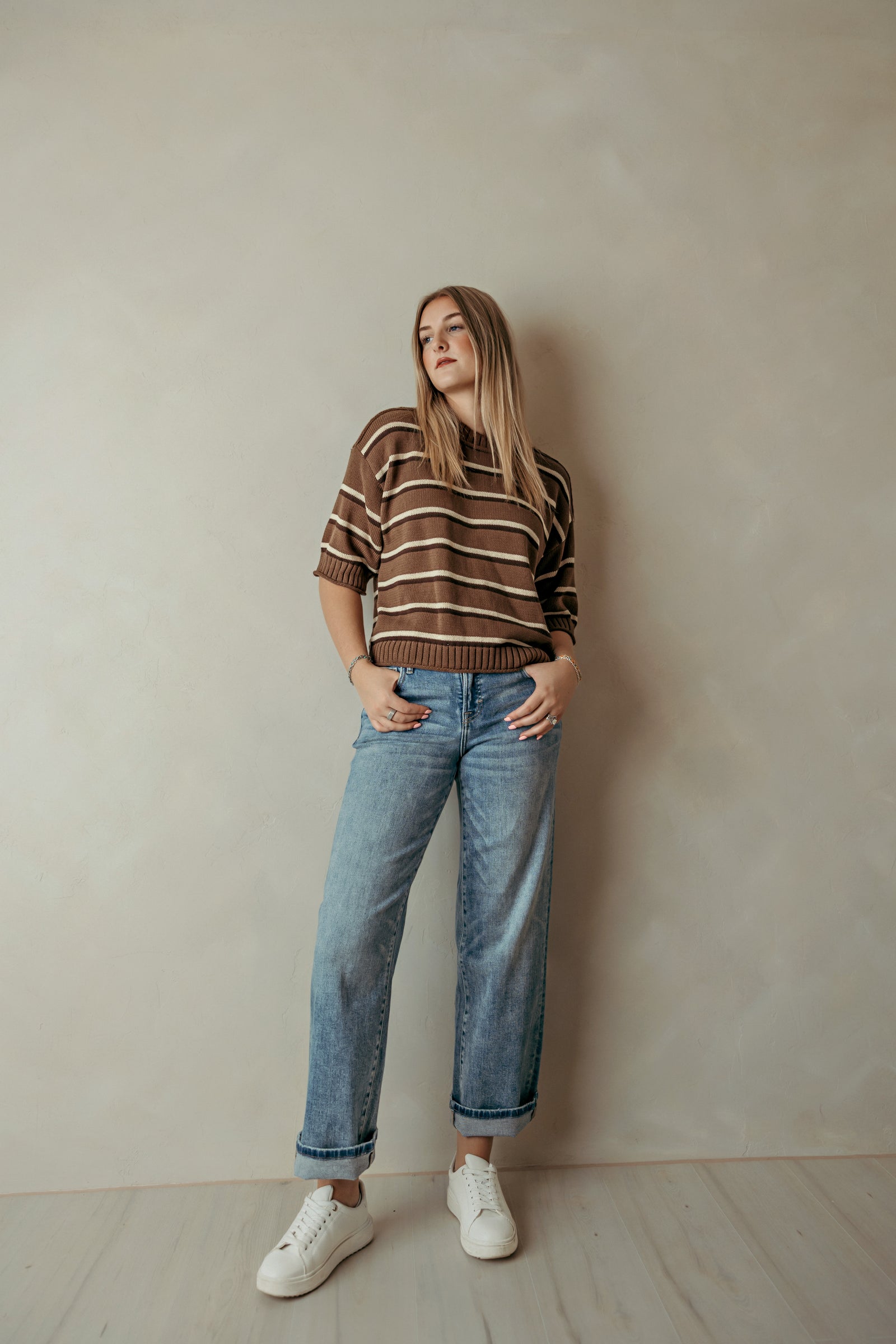 Brown Striped Rolled Edge Sweater