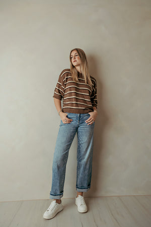 Brown Striped Rolled Edge Sweater