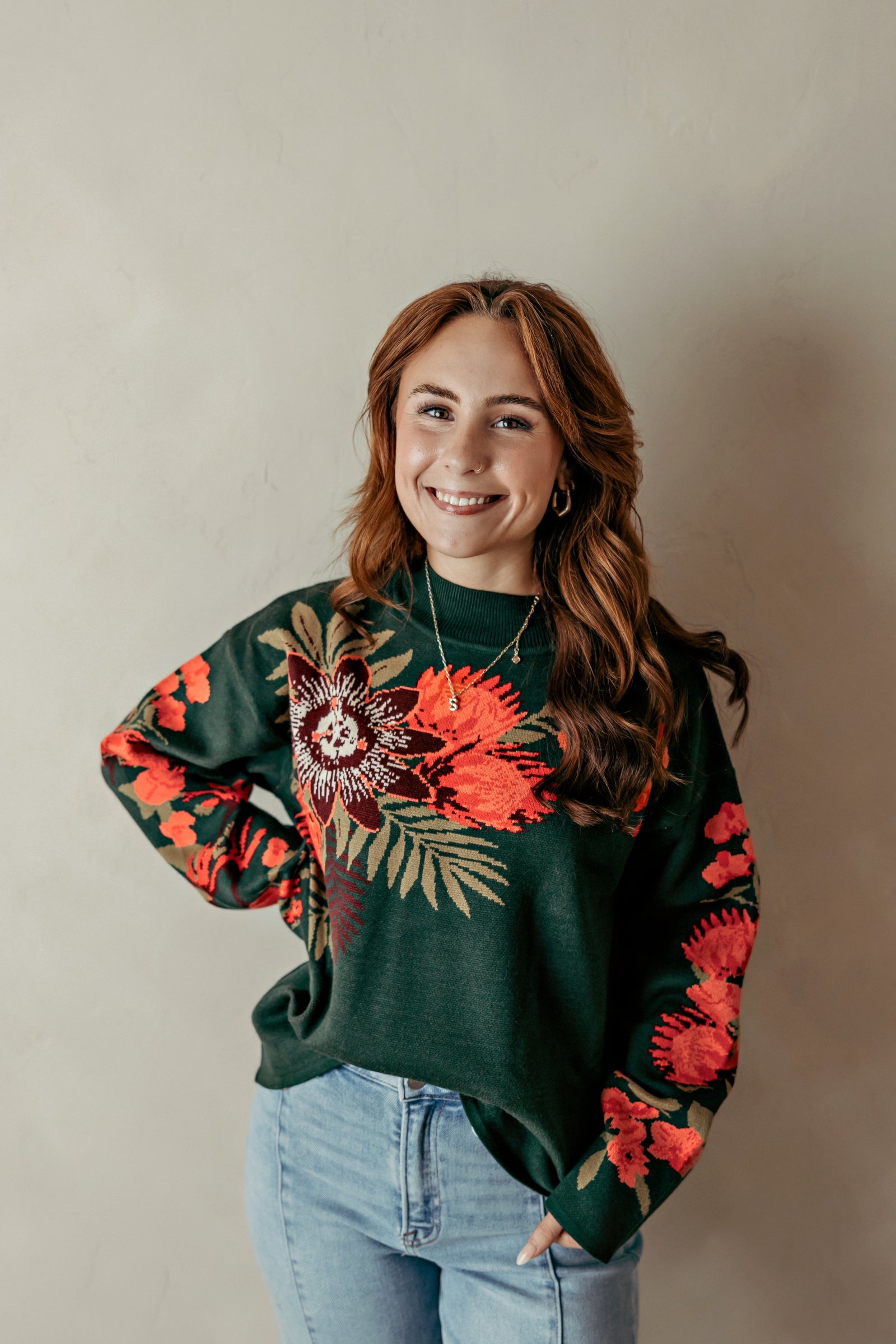 Knit Mock Neck Sweater With  Floral Motif