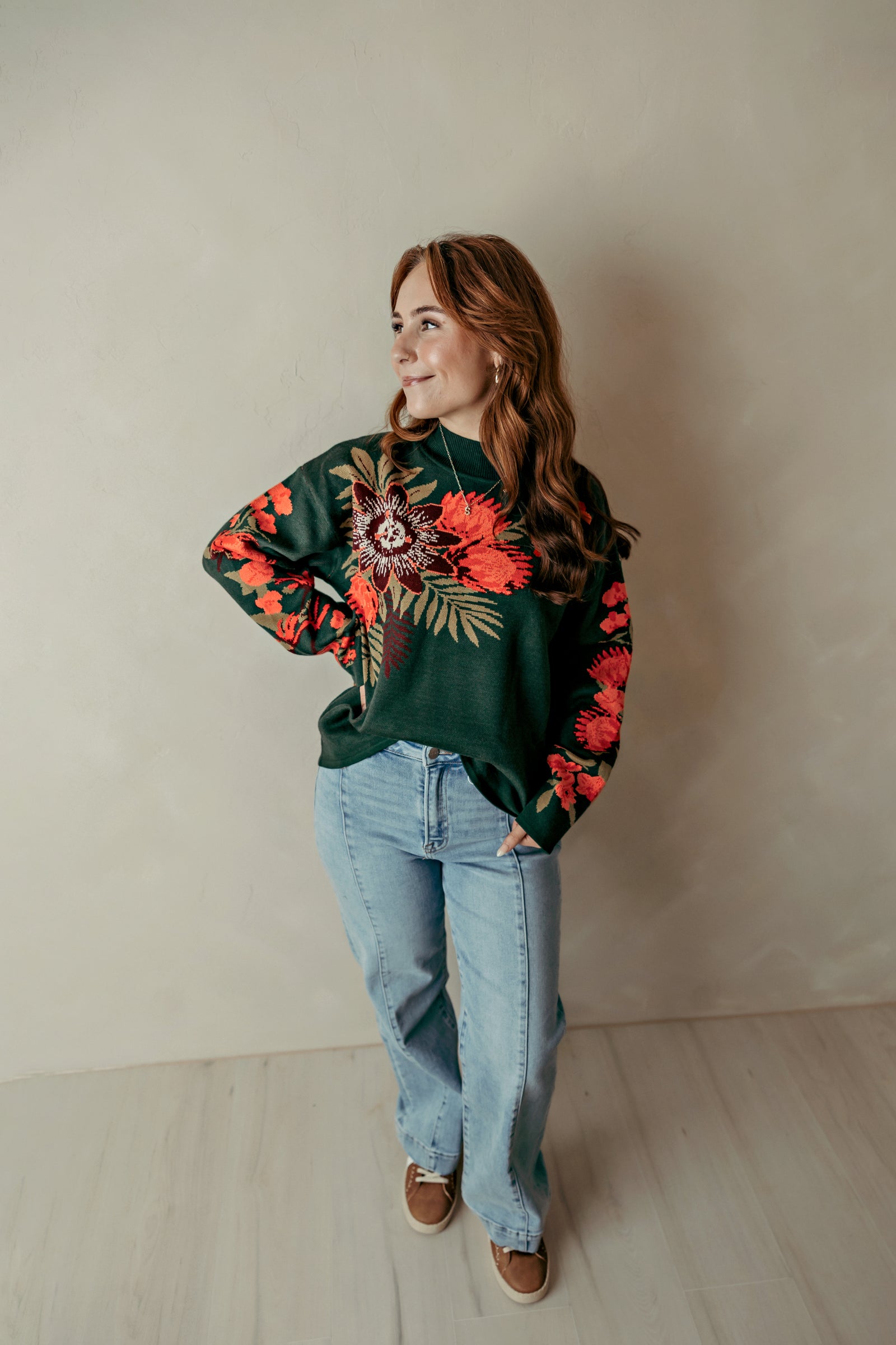 Knit Mock Neck Sweater With  Floral Motif