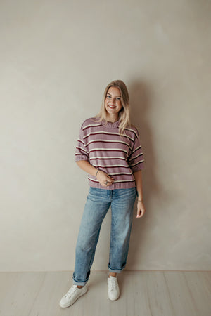 Lavender Striped Rolled Edge Sweater