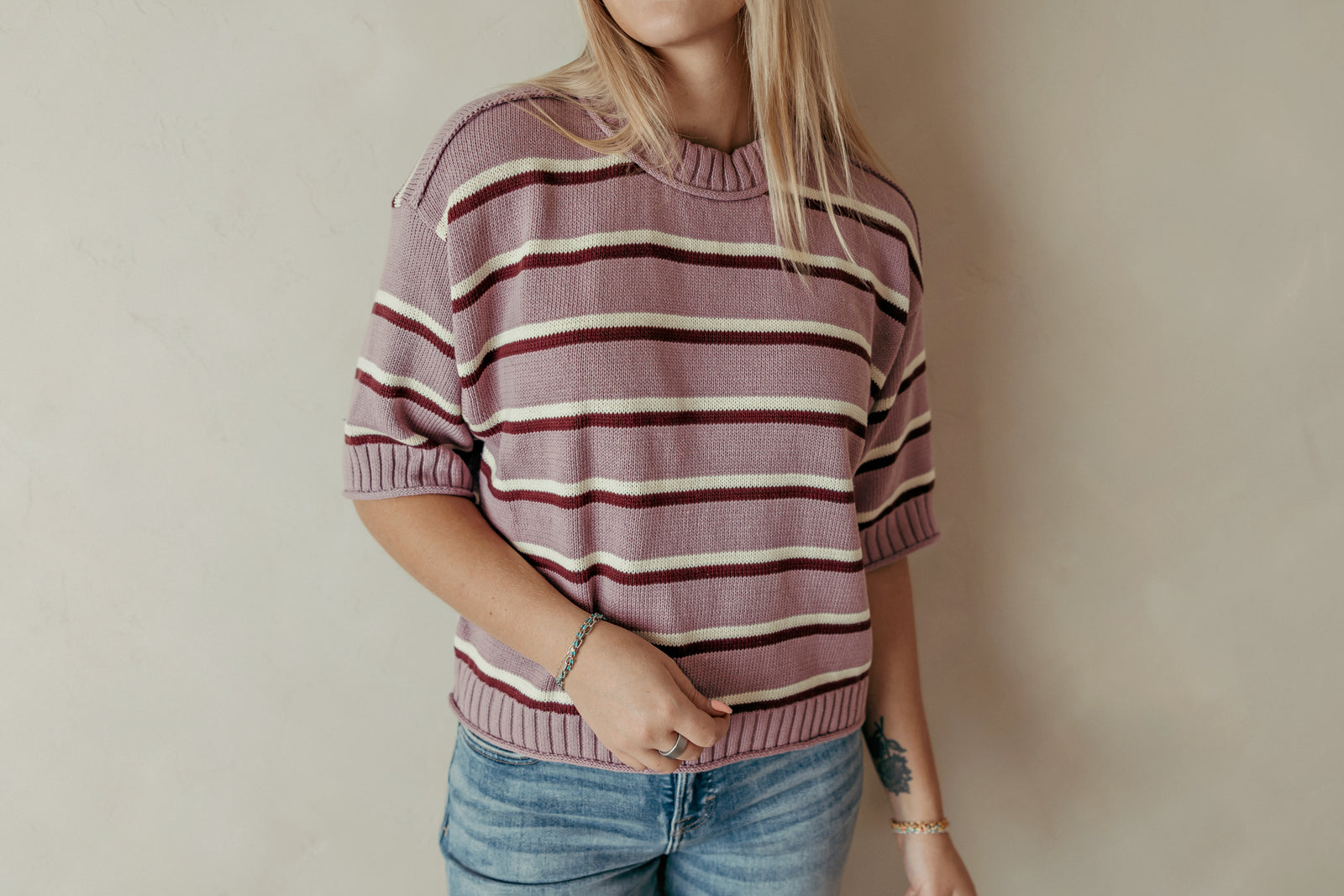 Lavender Striped Rolled Edge Sweater