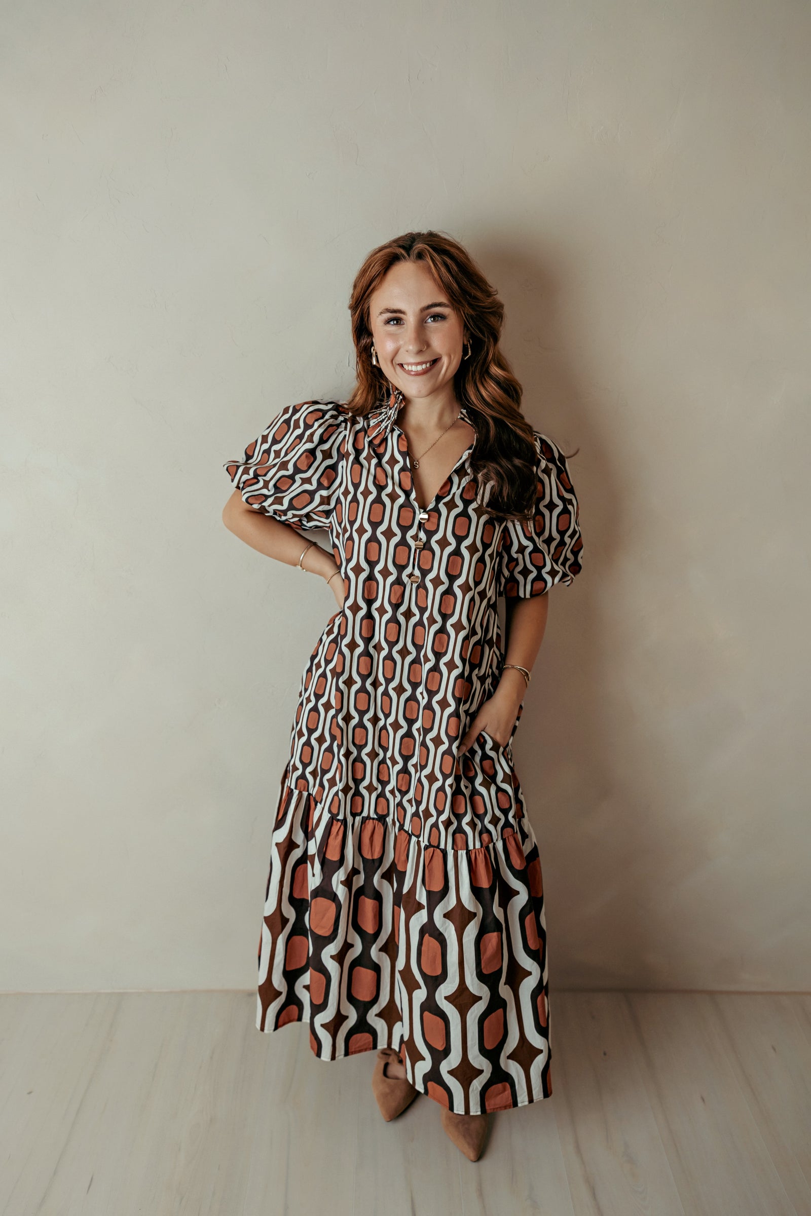 Ruffle V Neck Brown Midi Dress