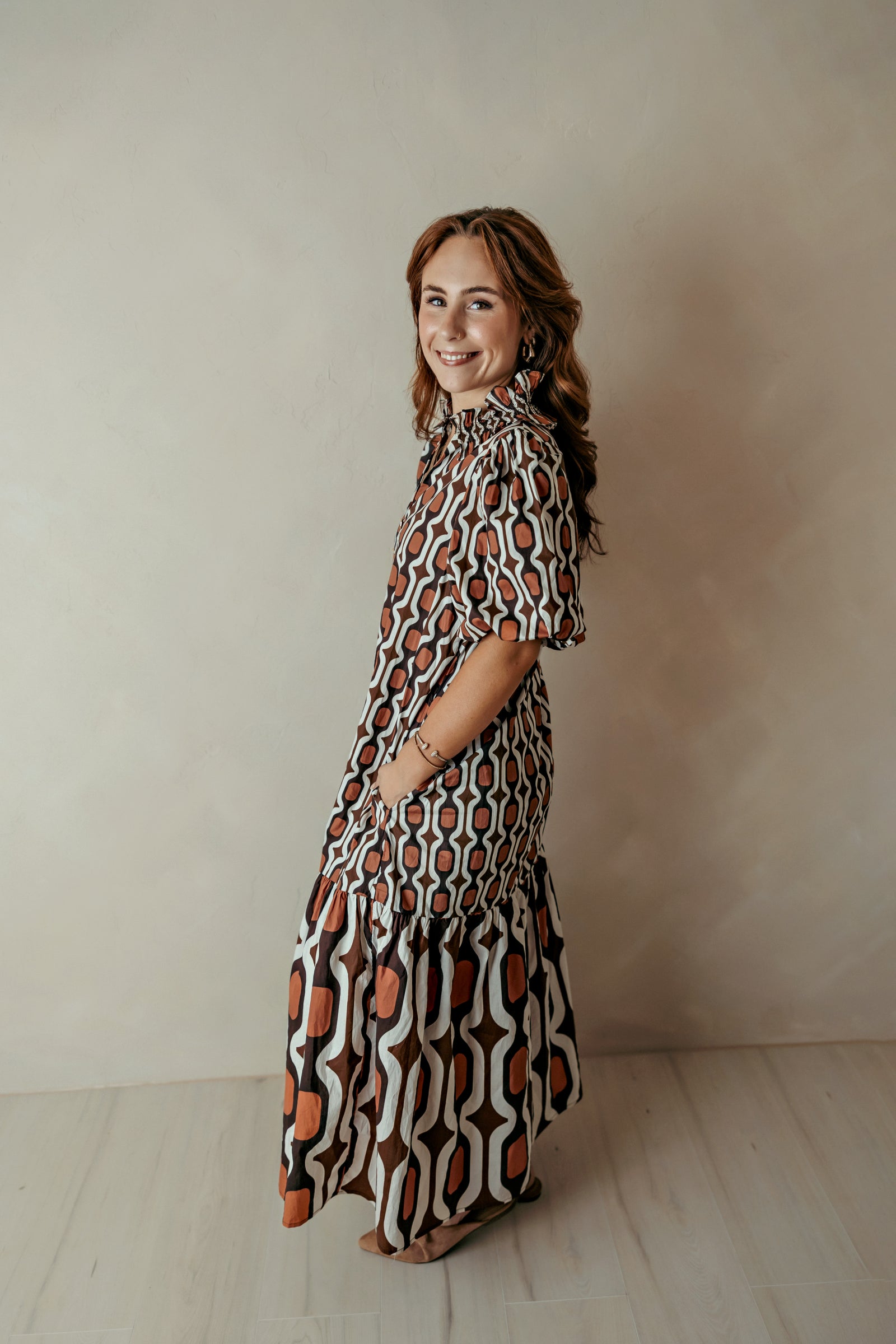 Ruffle V Neck Brown Midi Dress