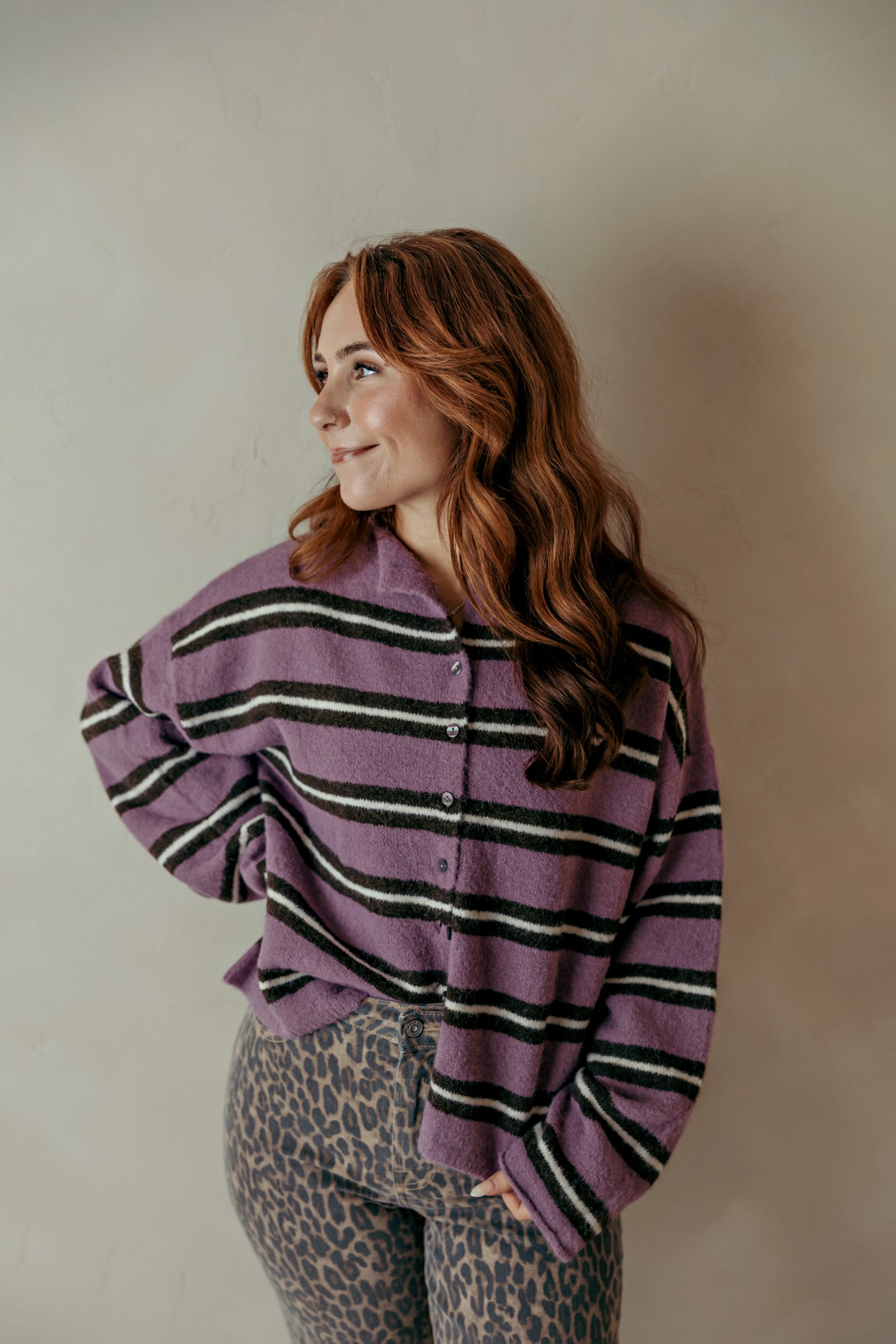 Orchid Striped Button Up Sweater