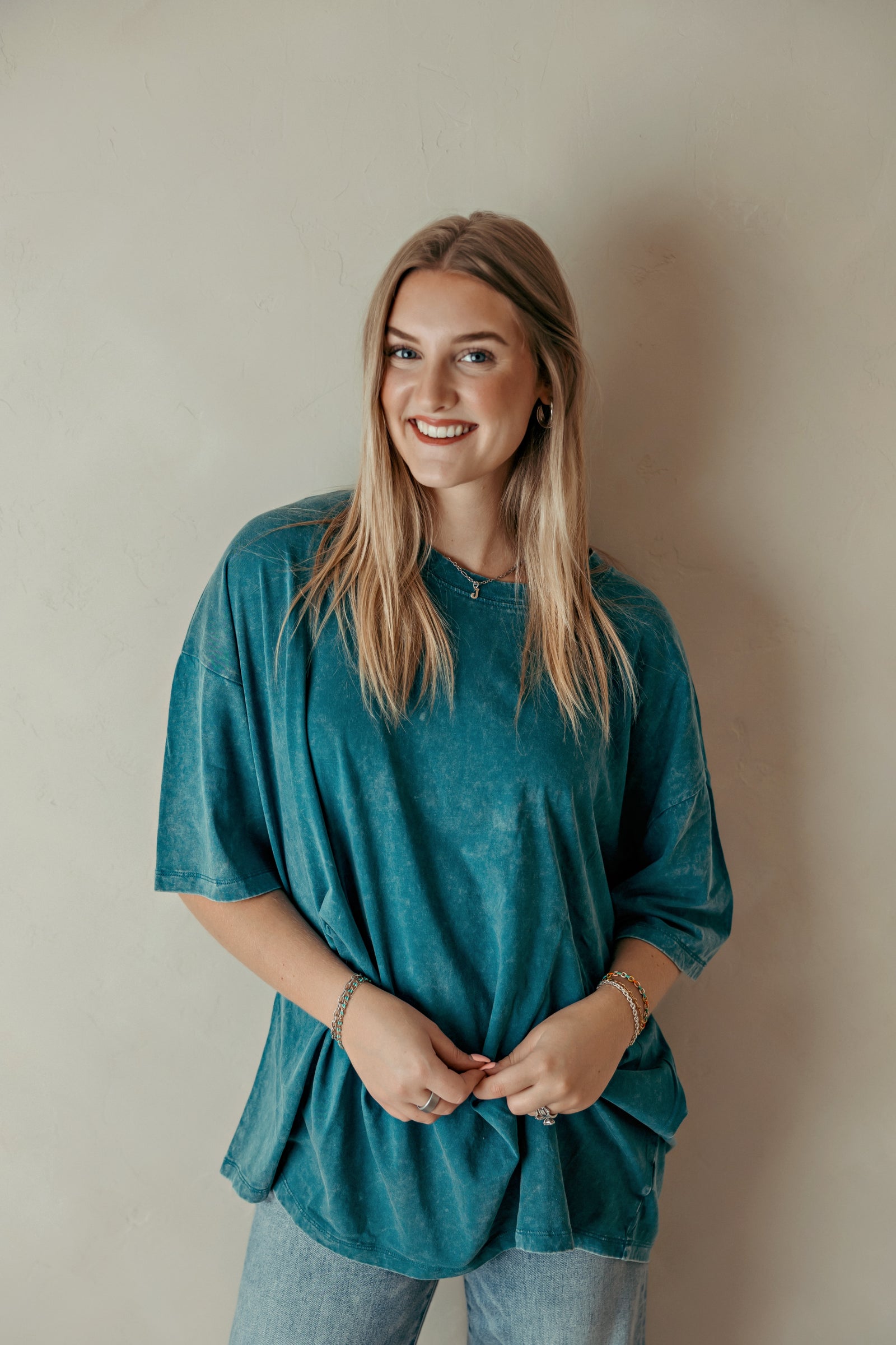 Acid Wash Drop Shoulder Boyfriend Tee - Teal