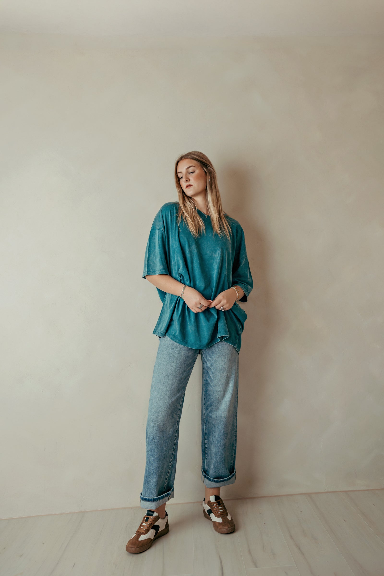 Acid Wash Drop Shoulder Boyfriend Tee - Teal