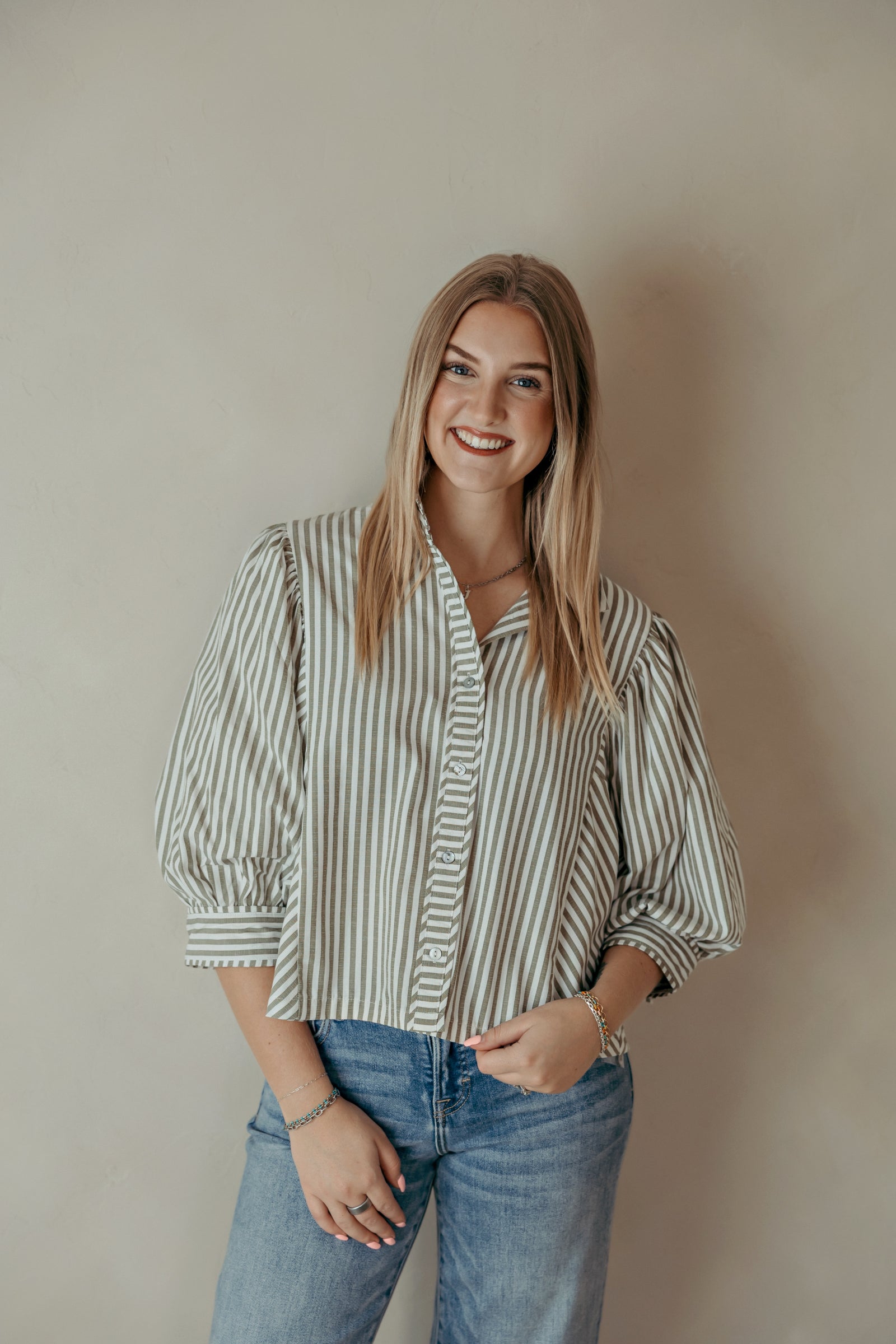 Olive Striped Puff Sleeve Classic Button Up Top