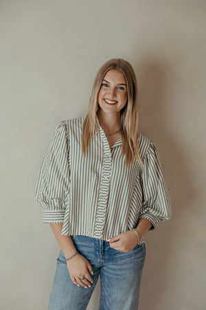Olive Striped Puff Sleeve Classic Button Up Top
