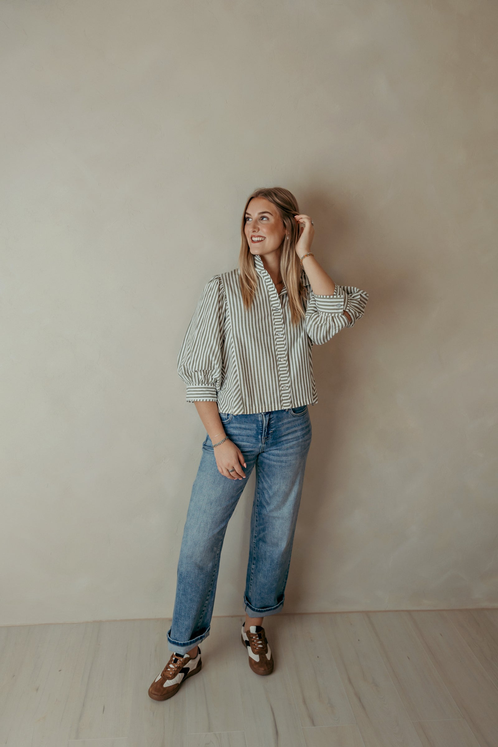 Olive Striped Puff Sleeve Classic Button Up Top