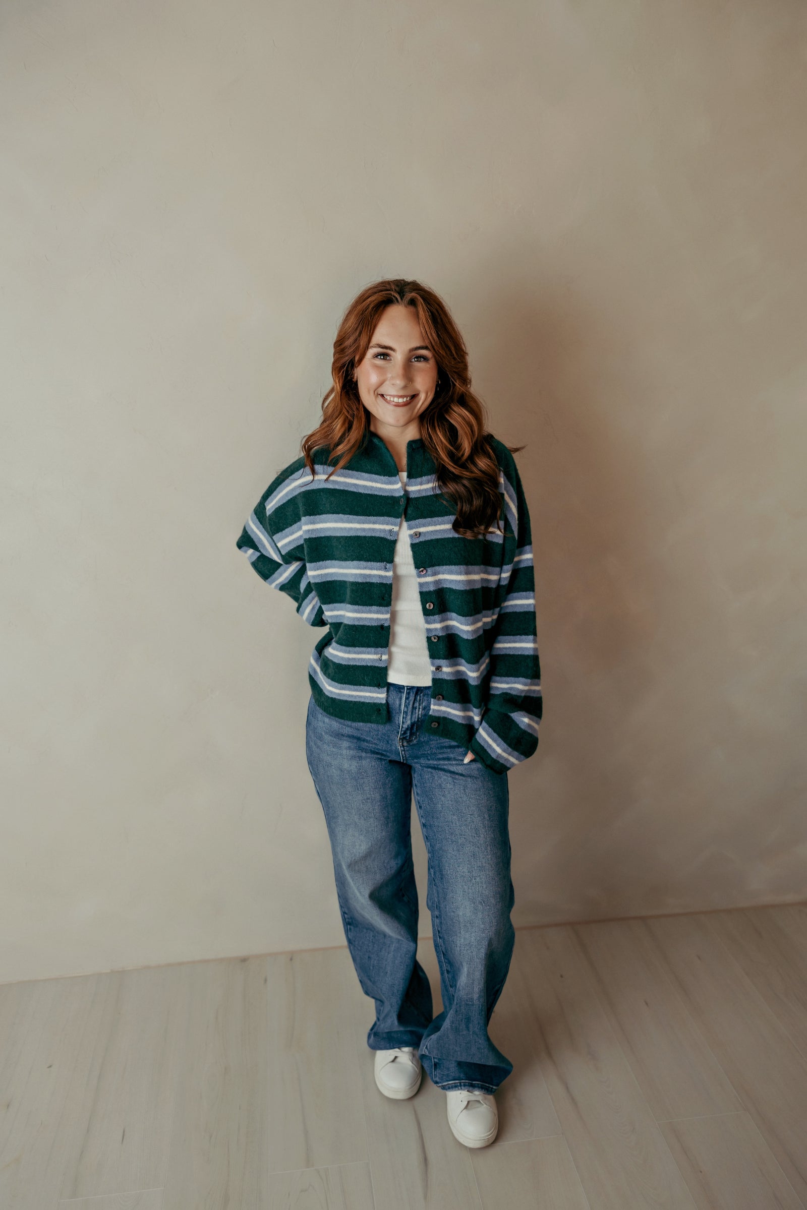 Green Striped Button Up Sweater