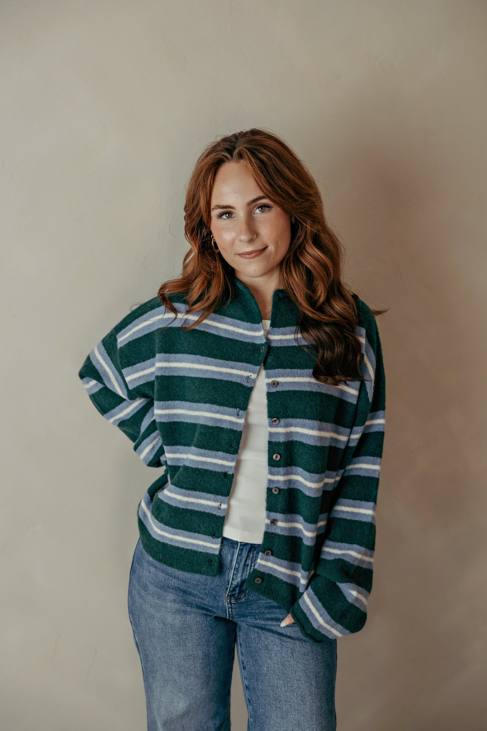 Green Striped Button Up Sweater