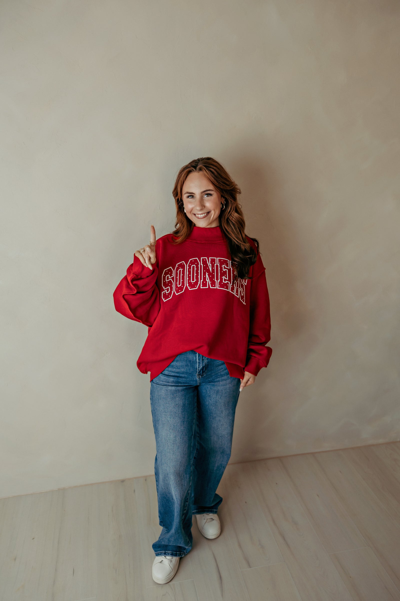 Red Sooners Polka Dot Puff Ink Mock Neck Sweatshirt
