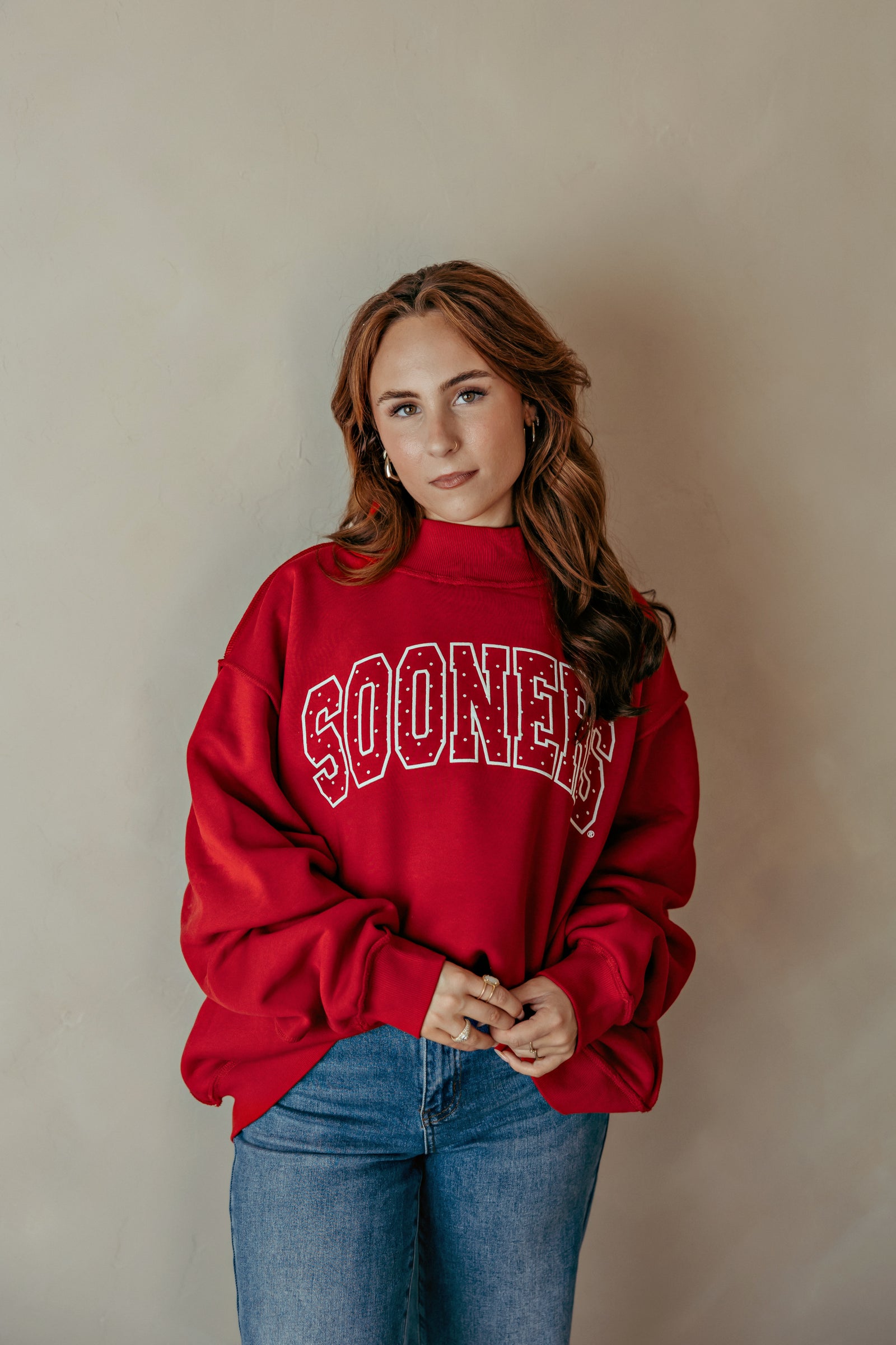 Red Sooners Polka Dot Puff Ink Mock Neck Sweatshirt